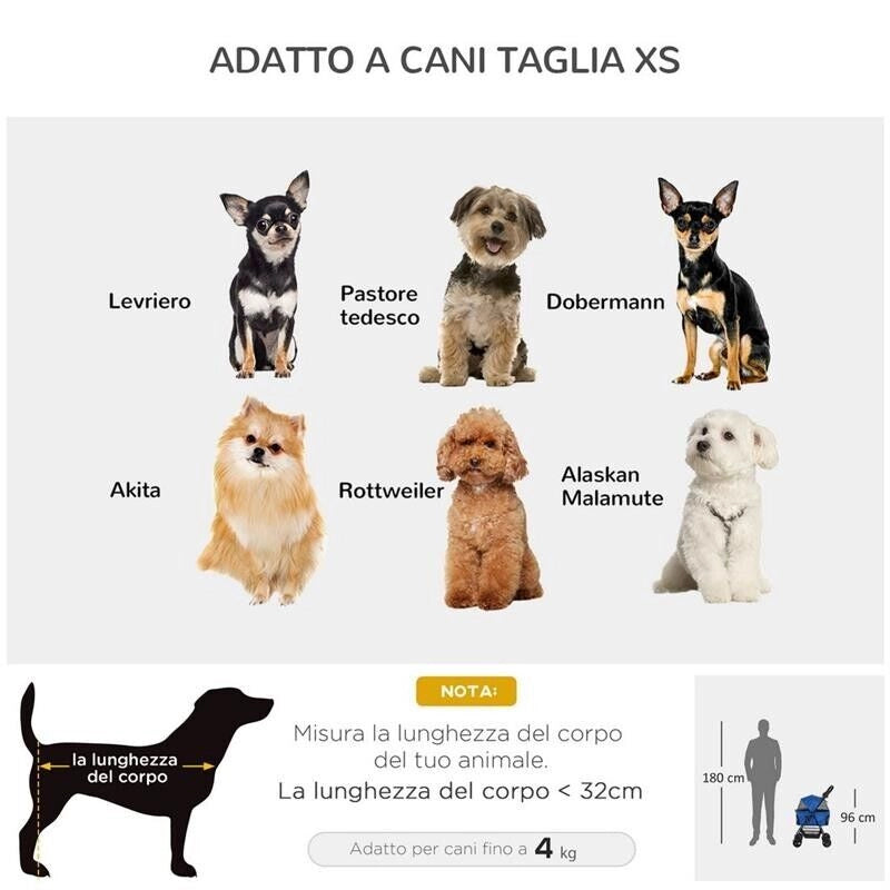 PASSEGGINO PER CANI PIEGHEVOLE CON GUINZAGLIO DI SICUREZZA E CESTINO PORTAOGGETTI, BLU