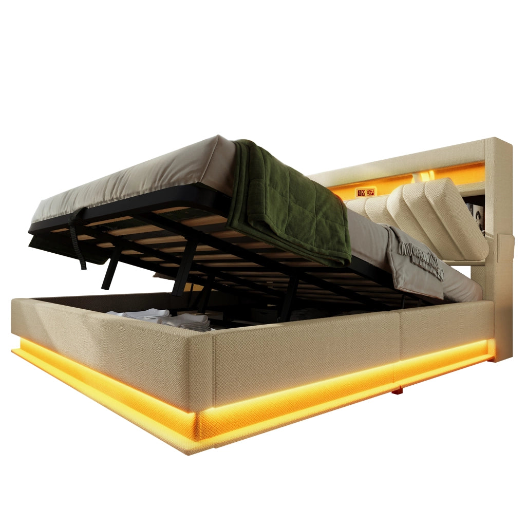 Letto matrimoniale 160x200 cm in lino beige con LED, USB e USB-C, contenitore idraulico, senza materasso