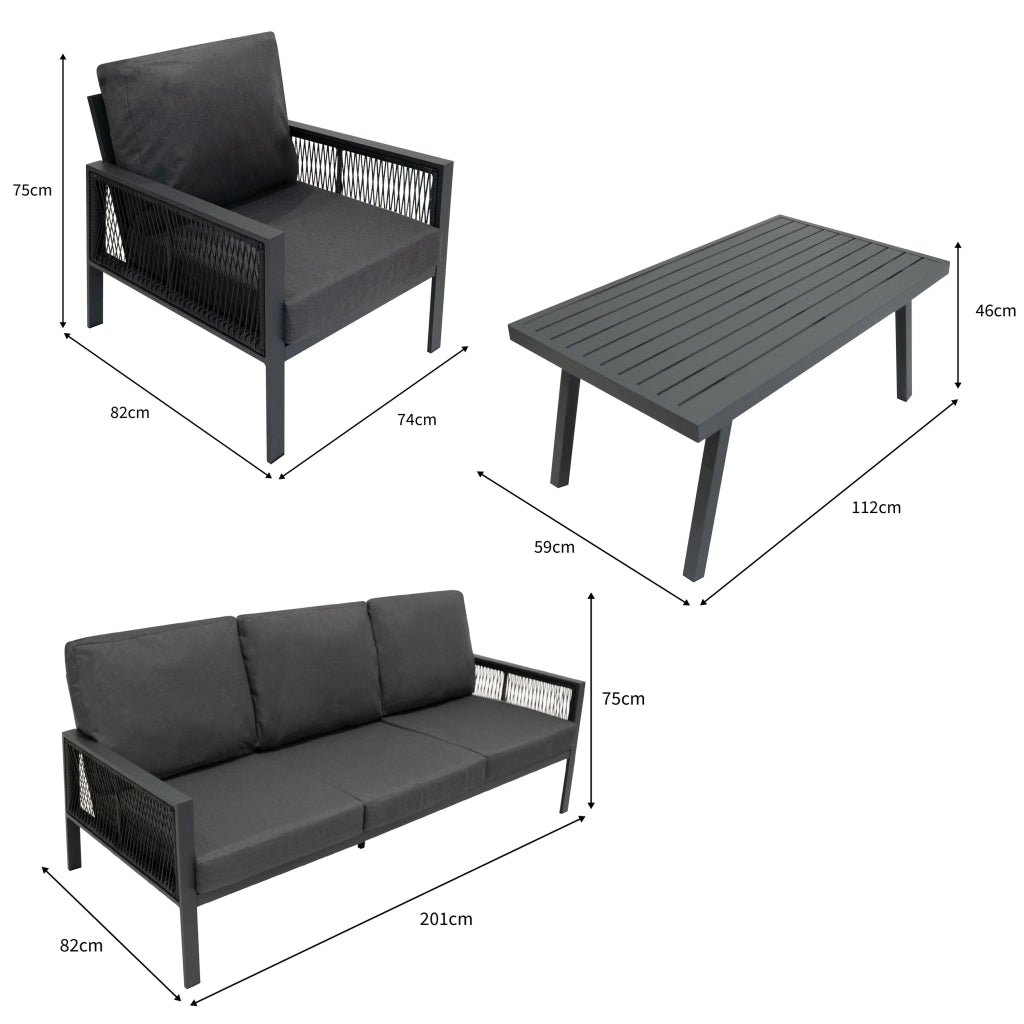 Set Mobili da Giardino 4pz Alluminio Grigio Antracite con Cassapanca Rattan Nera 582L
