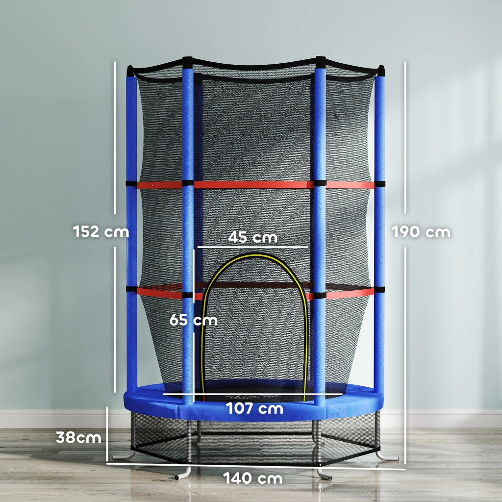 Tappeto Elastico per Bambini 3-6 Anni con Rete di Protezione, 6 Colonne e 3 Ingressi, ?140x190 cm, Blu e Nero