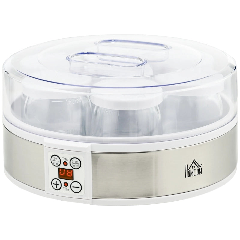 Yogurtiera, con 7 vasetti inclusi, in acciaio inox, 24 cm x 24 cm x 13 cm, argento + bianco