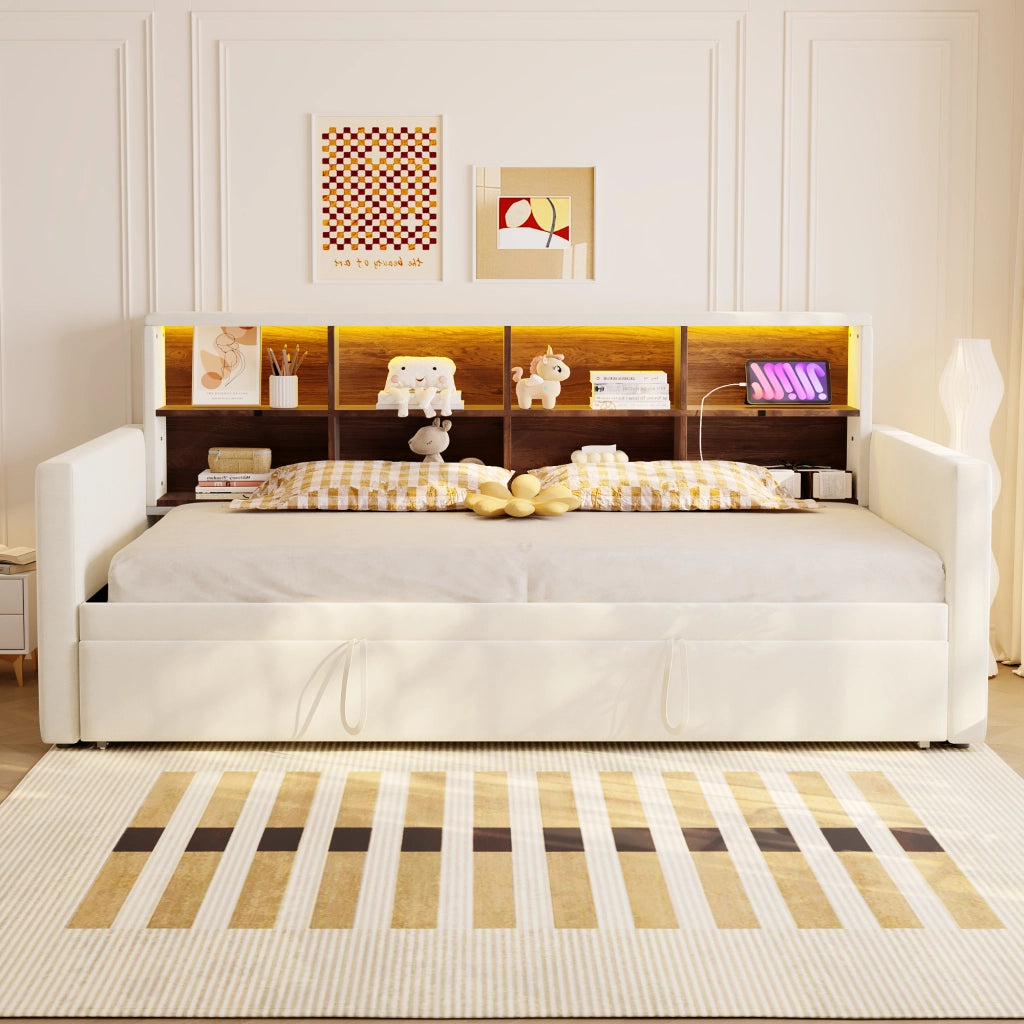 Letto Estraibile 90×190 cm Singolo con LED; USB-C e Ripiani; Estensibile 180×190 cm; senza Materasso; Beige