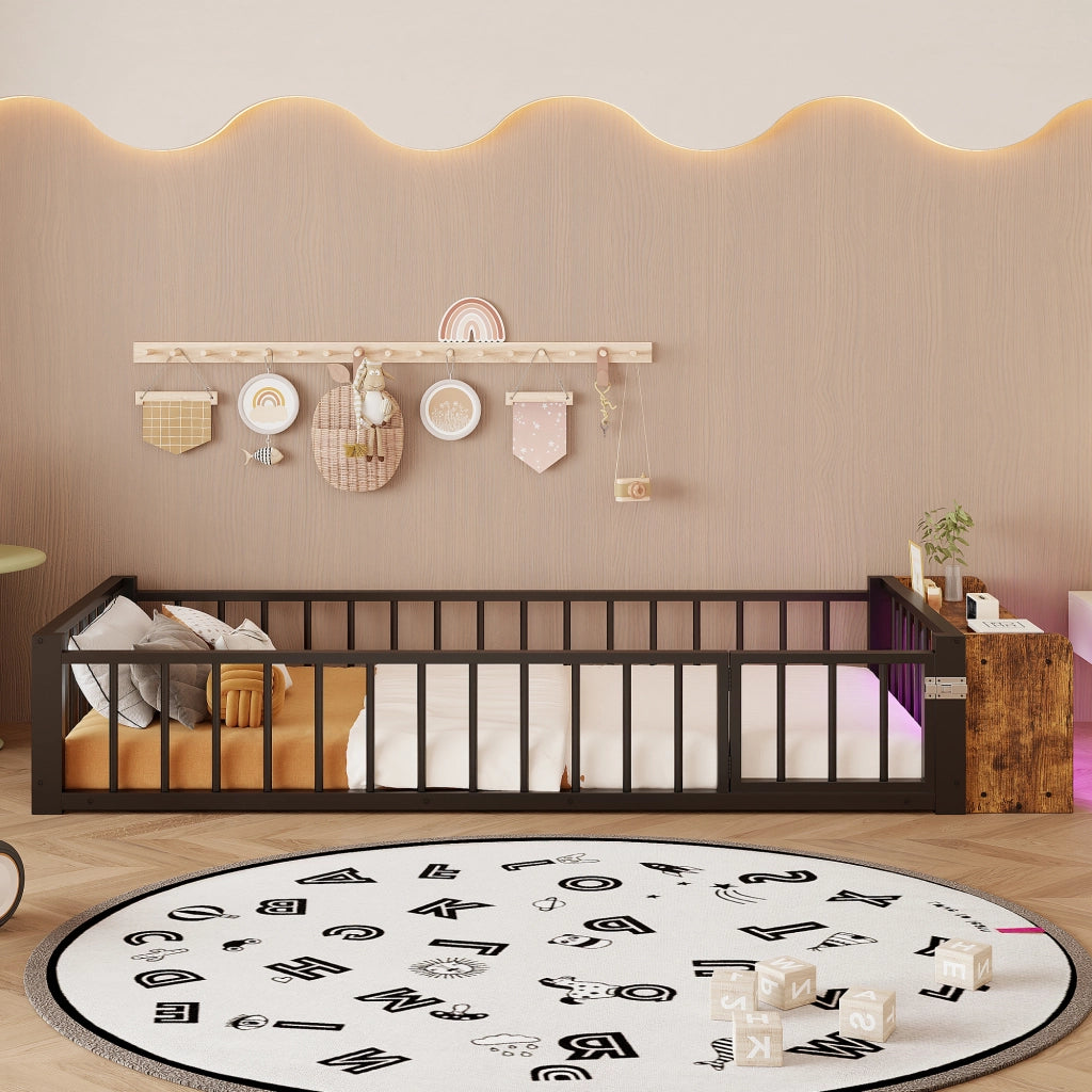 Letto singolo bambini 90x200 cm in metallo e MDF con sponda sicurezza, vano portaoggetti e LED, senza materasso