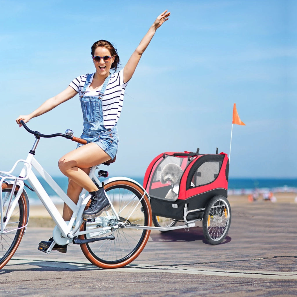 Rimorchio bici per animali domestici con ruote 50cm tettuccio apribile, Rimorchio per bicicletta per cani Rosso
