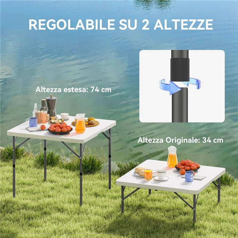 TAVOLO DA CAMPEGGIO PIEGHEVOLE CON 2 ALTEZZE REGOLABILI IN HDPE E METALLO, 86X86X74 CM, BIANCO