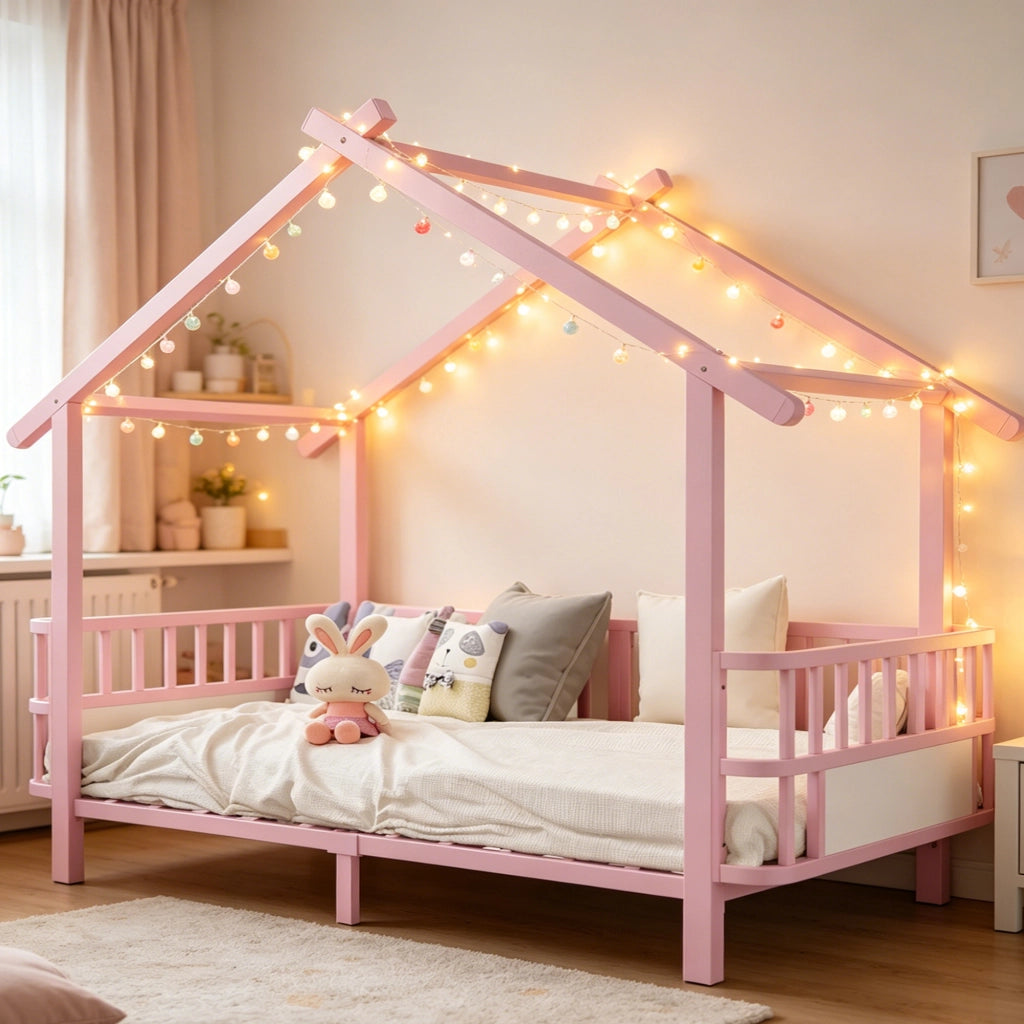 Letto casetta 90×200 cm; letto per bambini con barriera di sicurezza; struttura a tetto; senza materasso; metallo rosa