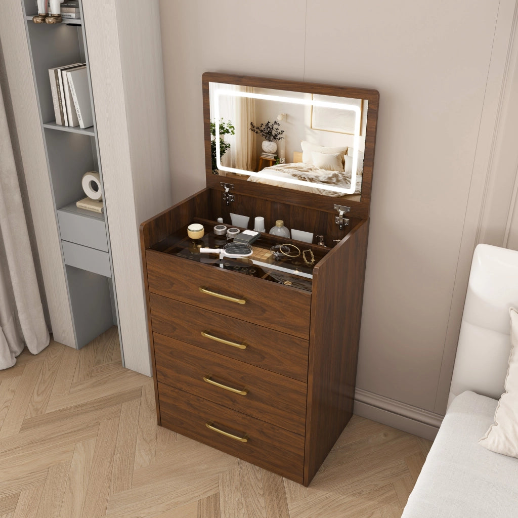 TOELETTIERA 3 in 1 60x118x40 cm Noce in MDF con specchio ribaltabile e sgabello