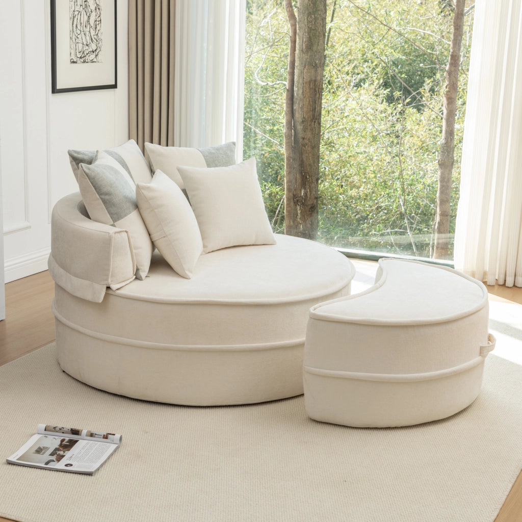 Poltrona con poggiapiedi rotonda con 5 cuscini e seduta profonda sfoderabile in chenille - beige