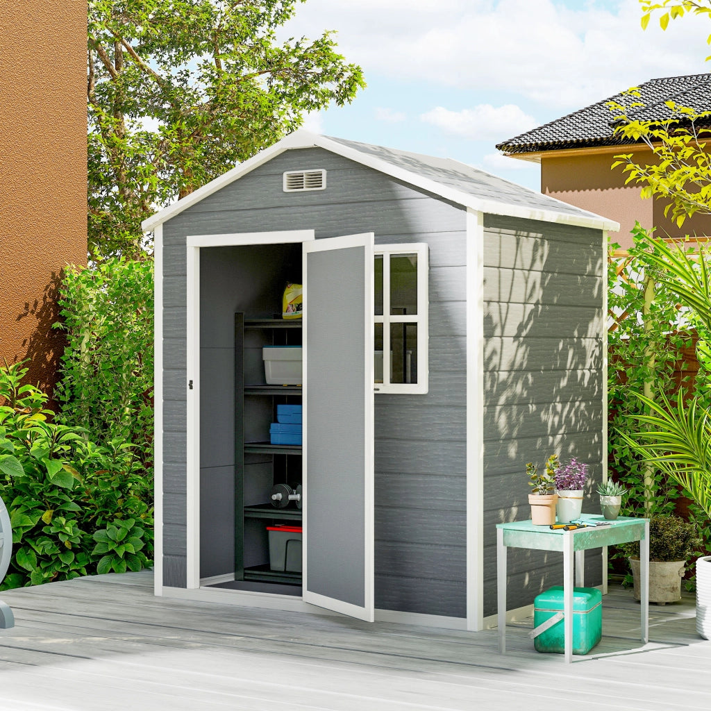 Capanno da Giardino 182x121x200 cm Box con Pavimento Finestra Porta con Serratura e Prese d'Aria in Plastica Grigio