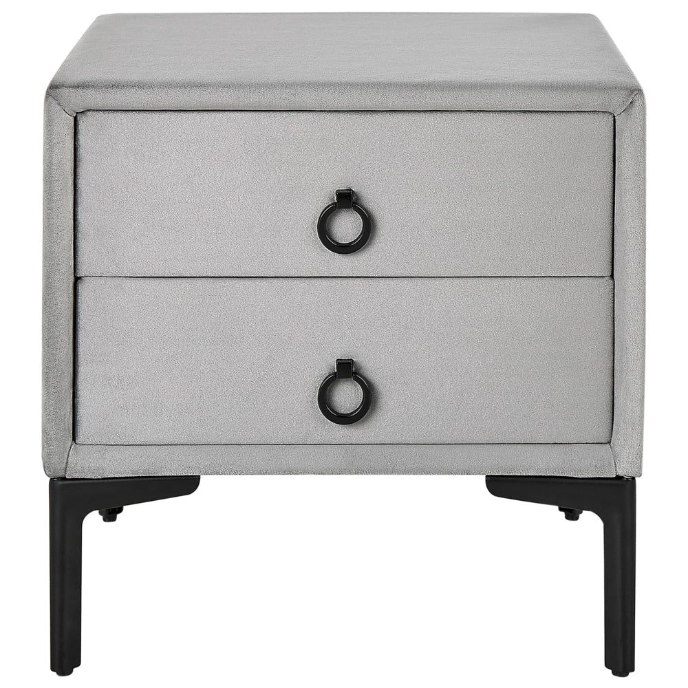 Comodino Velluto Grigio Chiaro Gambe in Metallo Nero con 2 Cassetti Contenitori 44x 38 cm Comodino