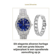 Orologio Brillante - Cinturino in Acciaio Inox Argentato - Grande Quadrante Blu - Funzione Calendario - Design Lussuoso con Pietre - Progettazione Elegante - Orologio da Polso