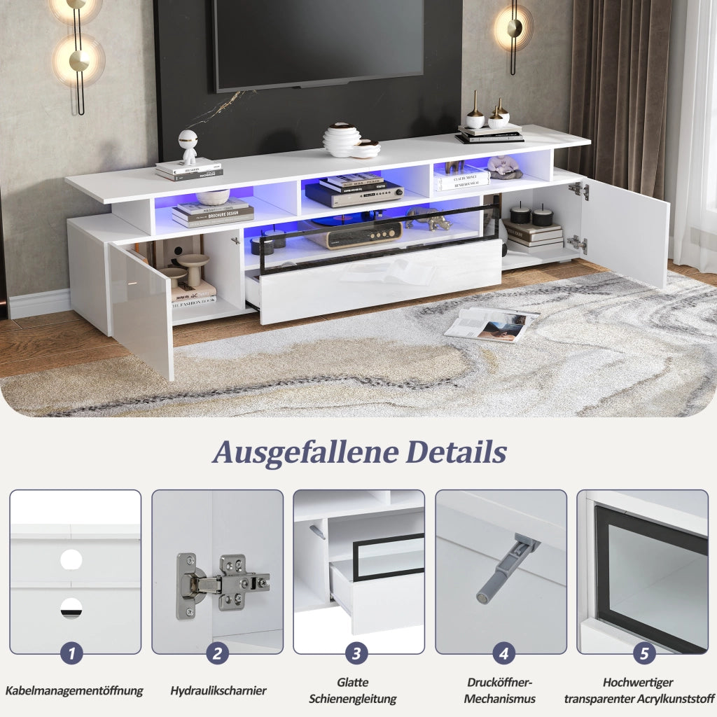 MOBILE TV 180x38x45 cm Bianco lucido con LED 2 ante 1 cassetto per TV fino a 75"