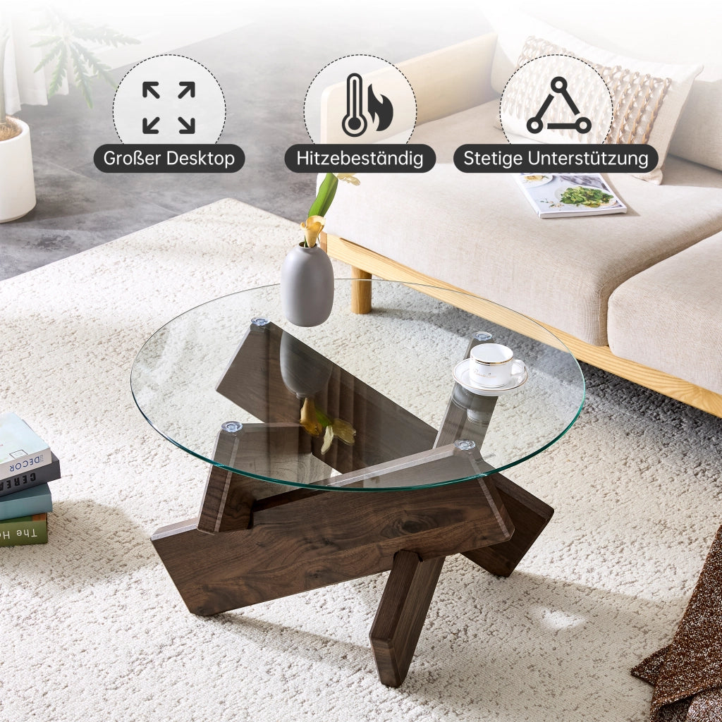 Tavolino rotondo in MDF e vetro multicolore opzionale: gambe di supporto in legno di noce scuro, semplici ed eleganti. Diametro 79 cm, piano in vetro