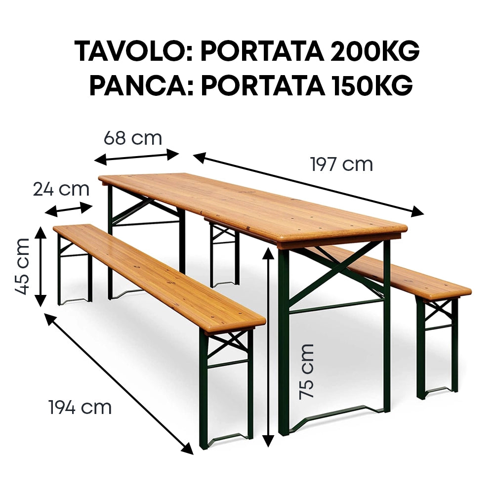 Set Birreria 200 x 70 Cm XL 8 Posti 3 Pezzi 2 Panche 1 Tavolo Pieghevole Panca Richiudibile Feste Giardino Festa Birra Da Feste Legno Abete