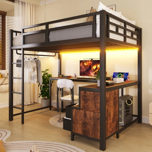 Letto a soppalco con scrivania 140x200 cm LEMONMAX, LED e USB, guardaroba e vani portaoggetti, metallo nero, stile industriale