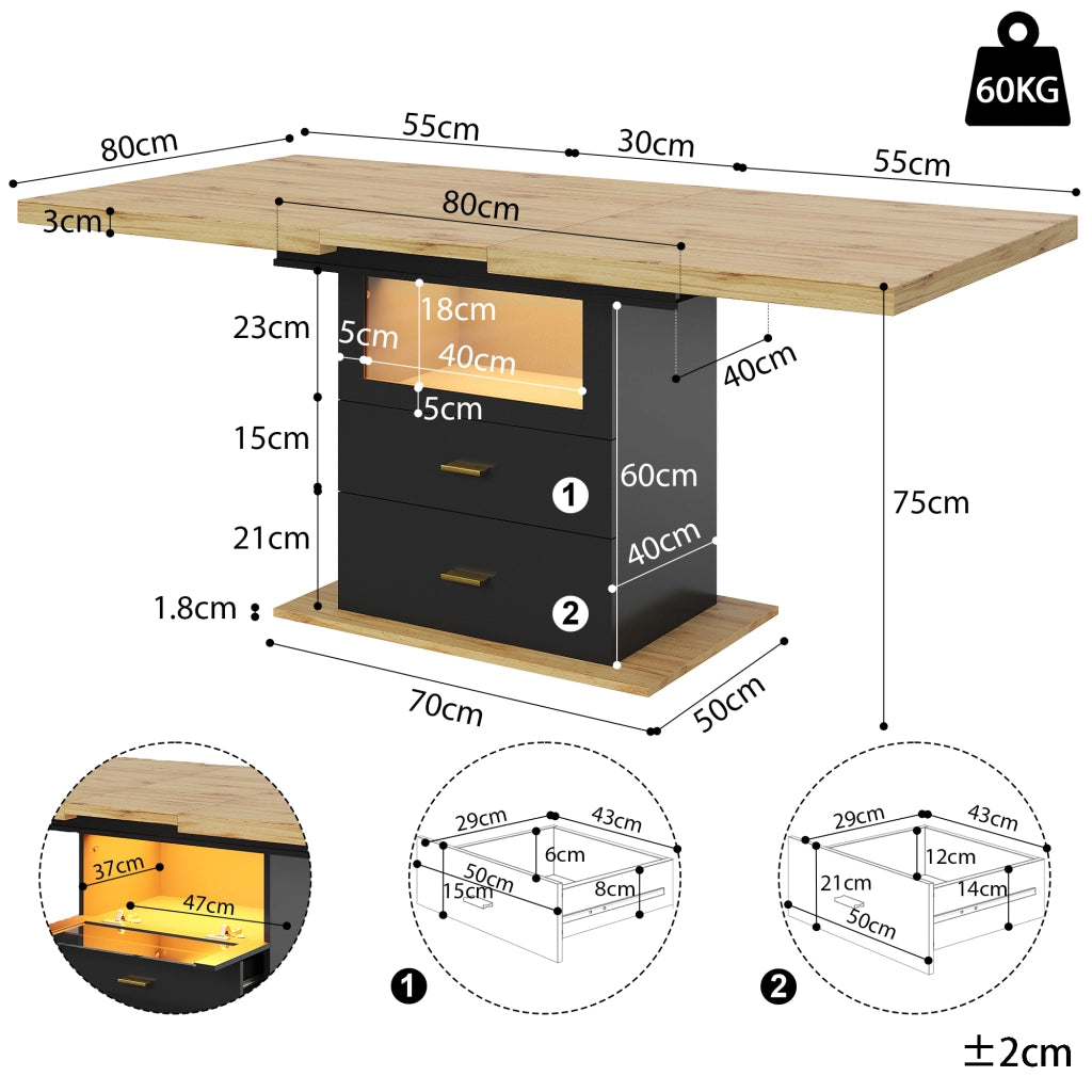 Tavolo da pranzo allungabile 110-140 x 80 x 75 cm con LED, 2 cassetti, MDF e metallo