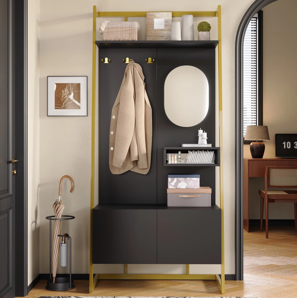 Guardaroba da ingresso 78x38.5x180.5 cm con specchio e vano scarpe nero