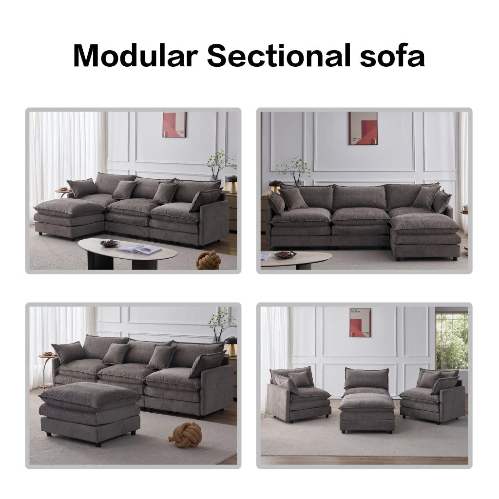 Divano angolare modulare 3 posti con pouf mobile e 2 cuscini, in ciniglia, grigio
