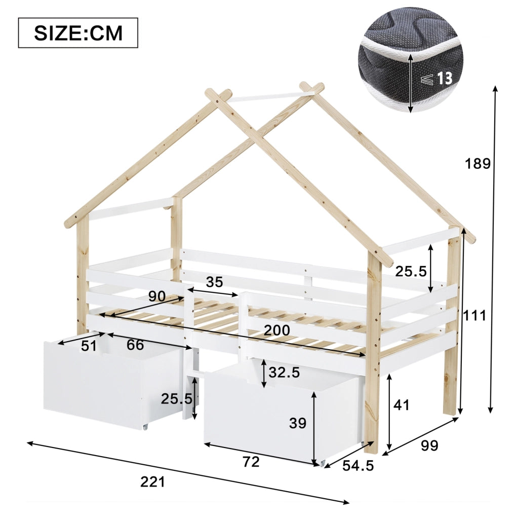 Letto a casetta 90x200 cm semialto con scala e 2 armadietti in legno e MDF bianco e naturale