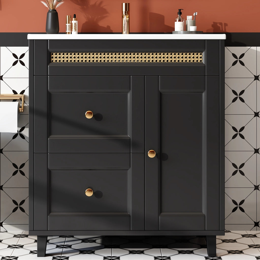 Mobile Sottolavabo da Bagno con Lavabo in Ceramica ¨C MINIMAL ¨C Nero, Cassetti, Ante, 76x46x87
