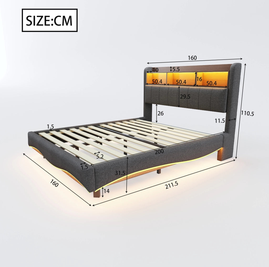 Letto imbottito sospeso 160x200 cm con LED; porte USB e Type-C; grigio