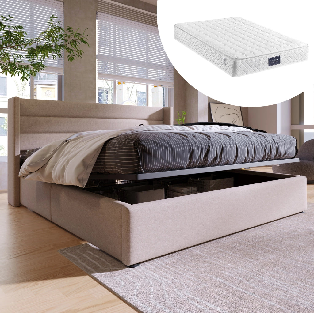 Letto contenitore 140x200 con rete sollevabile e testiera imbottita