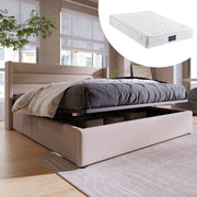 Letto contenitore 140x200 con rete sollevabile e testiera imbottita