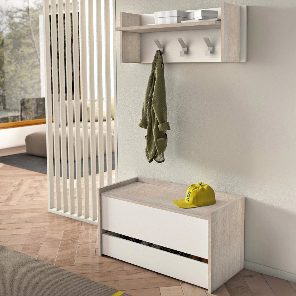 Mobile da ingresso Actinolite, Entratina moderna con appendiabiti, Mobile con scarpiera, Armadietto multifunzione, Cm 50x32h182, Rovere e Bianco
