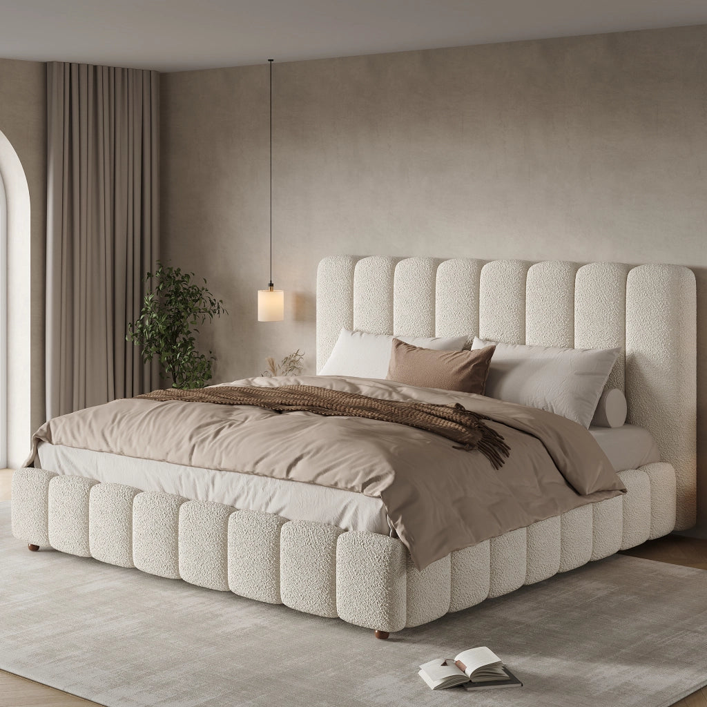 Letto matrimoniale in bouclé bianco 160x200 sollevamento idraulico doghe testiera