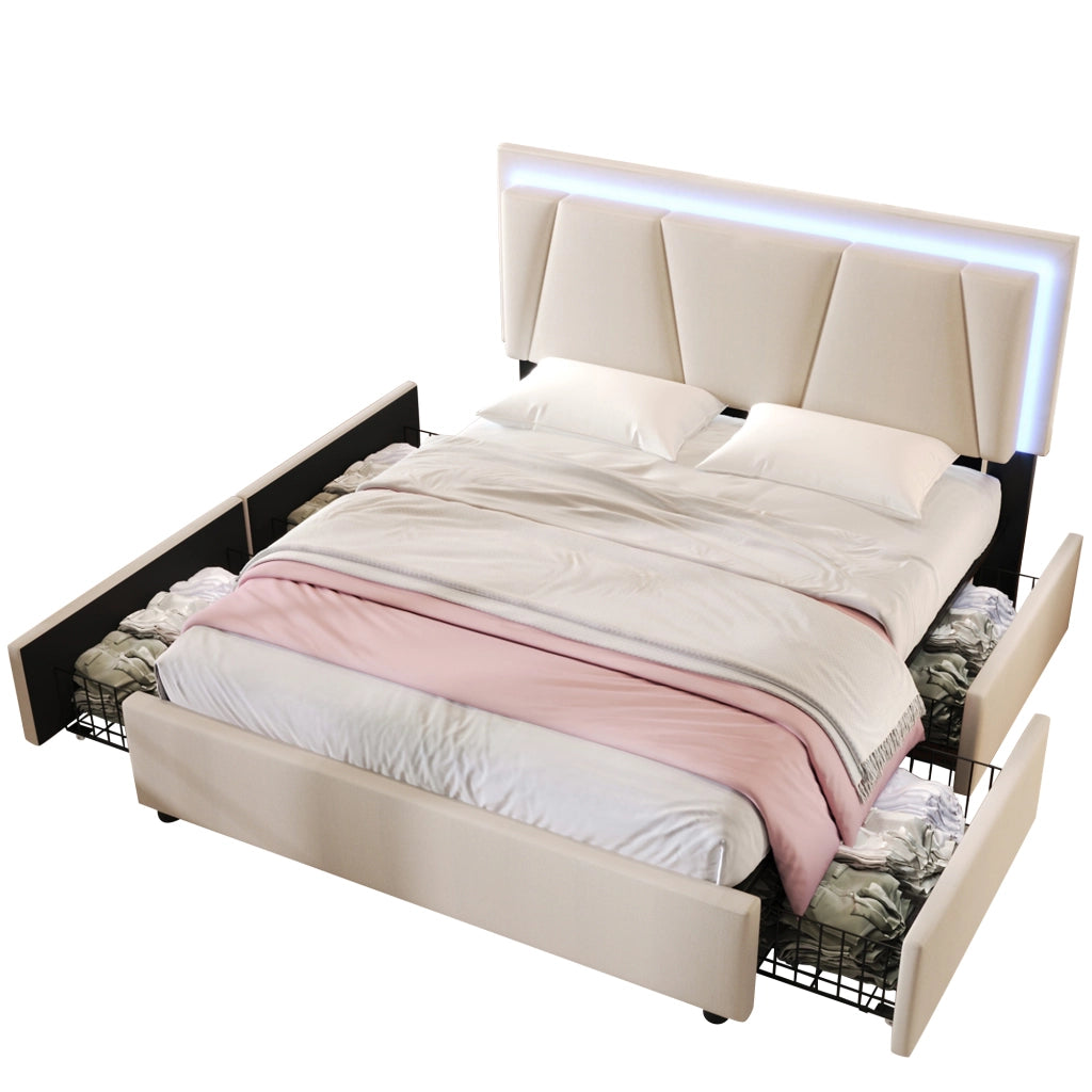Letto con cassetti matrimoniale 140×200 cm con LED; testiera regolabile; 4 cassetti; materasso incluso; beige