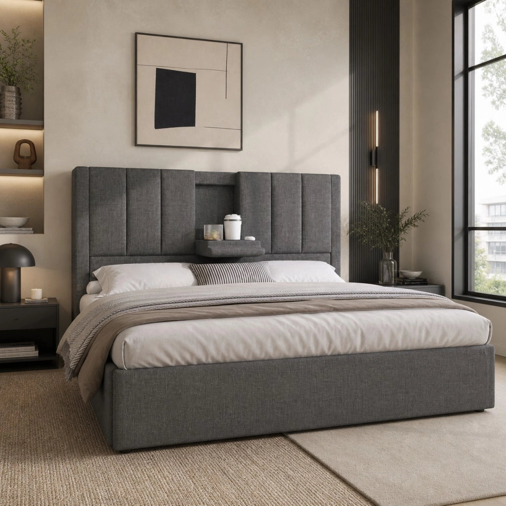Letto matrimoniale 180x200 cm con contenitore, ricarica USB e portabicchieri integrati