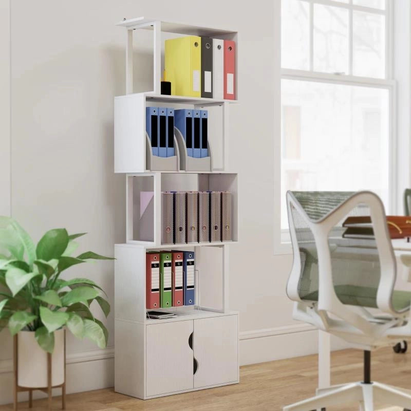 LIBRERIA MODERNA CON 5 RIPIANI E ARMADIETTO A 2 ANTE IN LEGNO, 60X23.8X179.2 CM, BIANCO