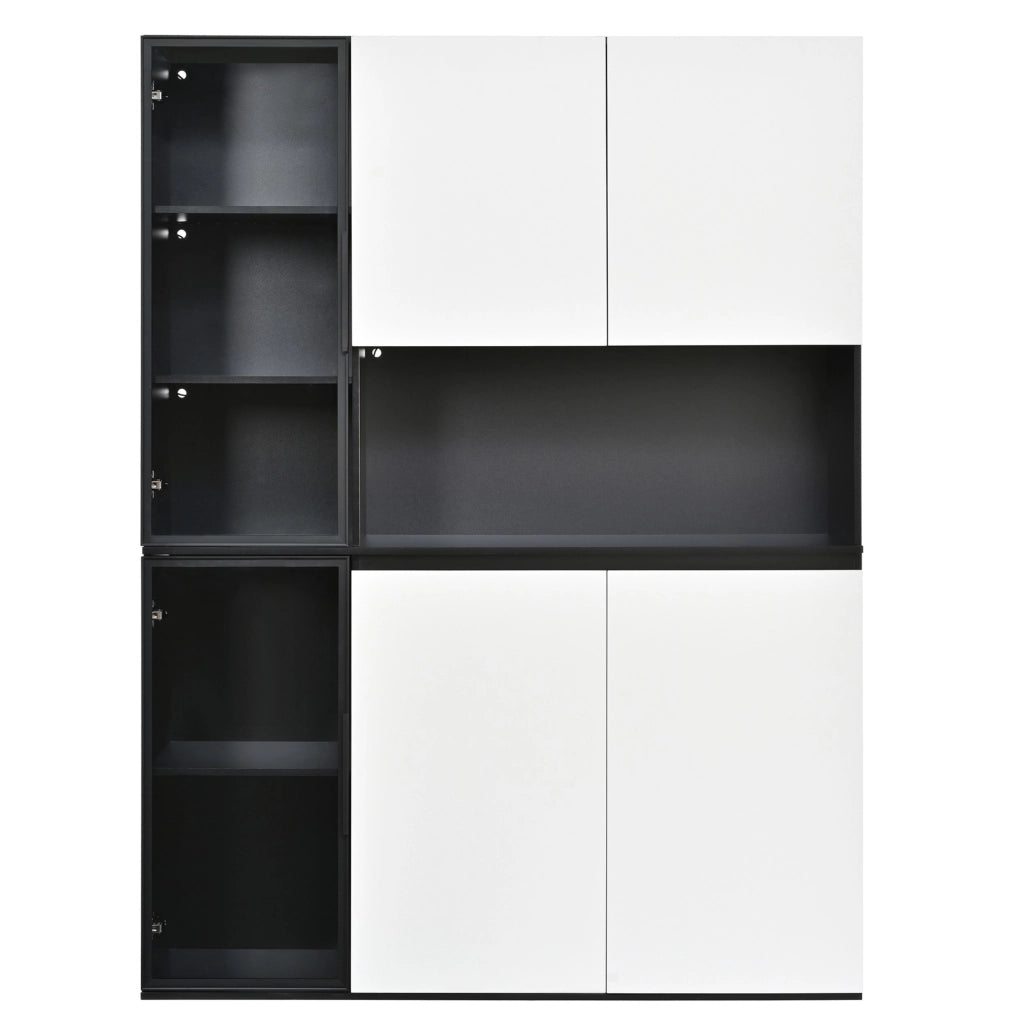 Vetrina, credenza, ante in vetro, luci a LED, MDF, bianco e nero