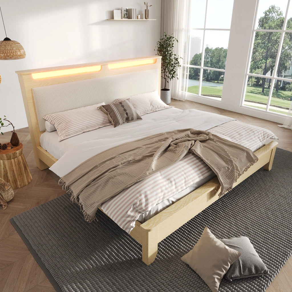 Letto matrimoniale in legno 160x200 cm con testiera portaoggetti; LED e schienale in velluto a coste; rovere chiaro e beige