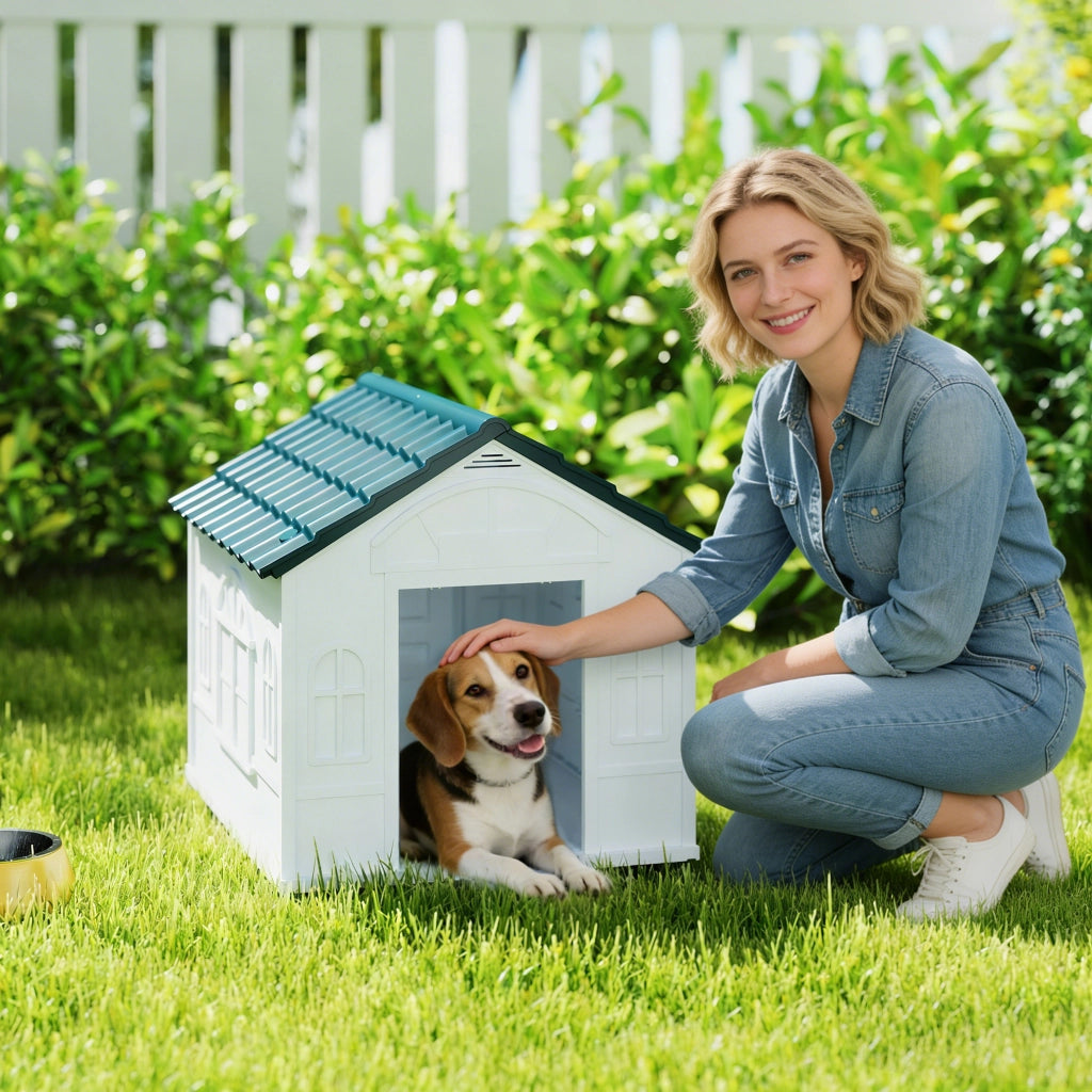 Cuccia per Cani con Finestra e Tegole ¨C zephmum ¨C Verde Blu e Bianco 65x75.7x63 cm