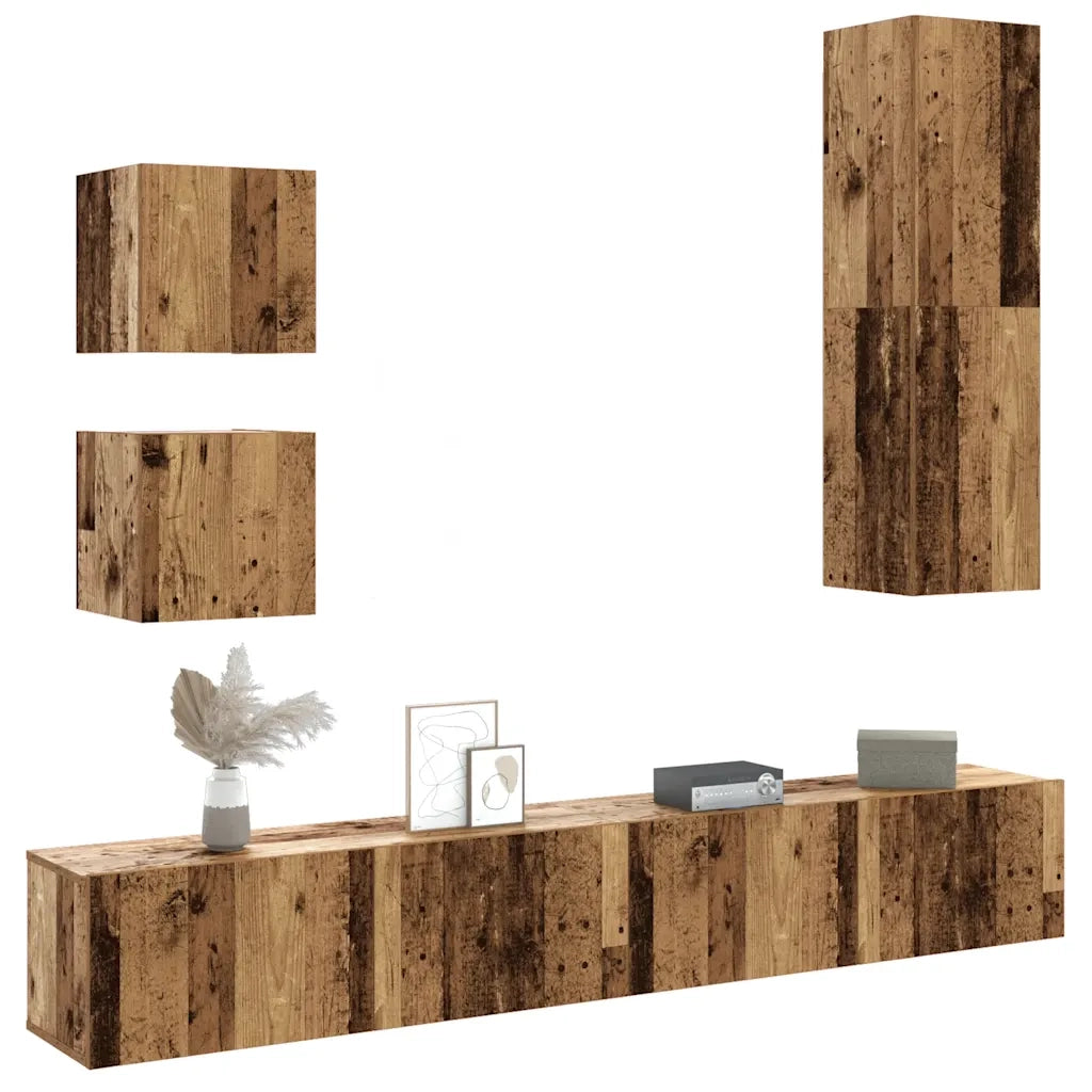 Set Mobile TV 5 pz | Armadietto TV | Mobile Porta TV Montato a Parete Legno Antico in Truciolato