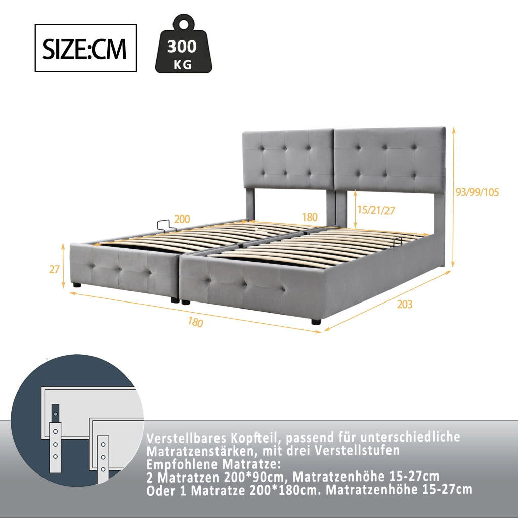 Letto contenitore matrimoniale 180×200 cm con testiera regolabile e convertibile in due letti singoli; senza materasso; grigio