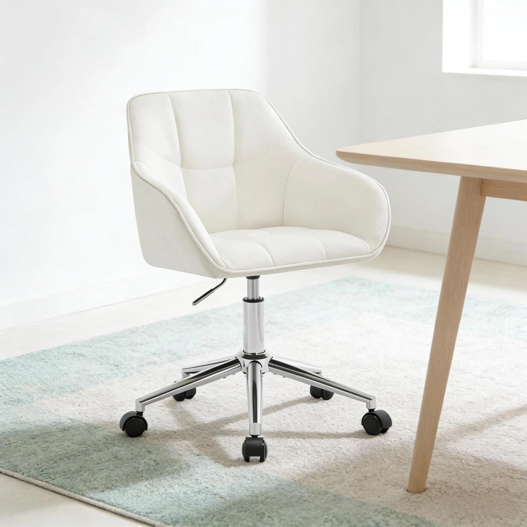 Sedia da ufficio ergonomica girevole in velluto, altezza regolabile, colore crema bianco