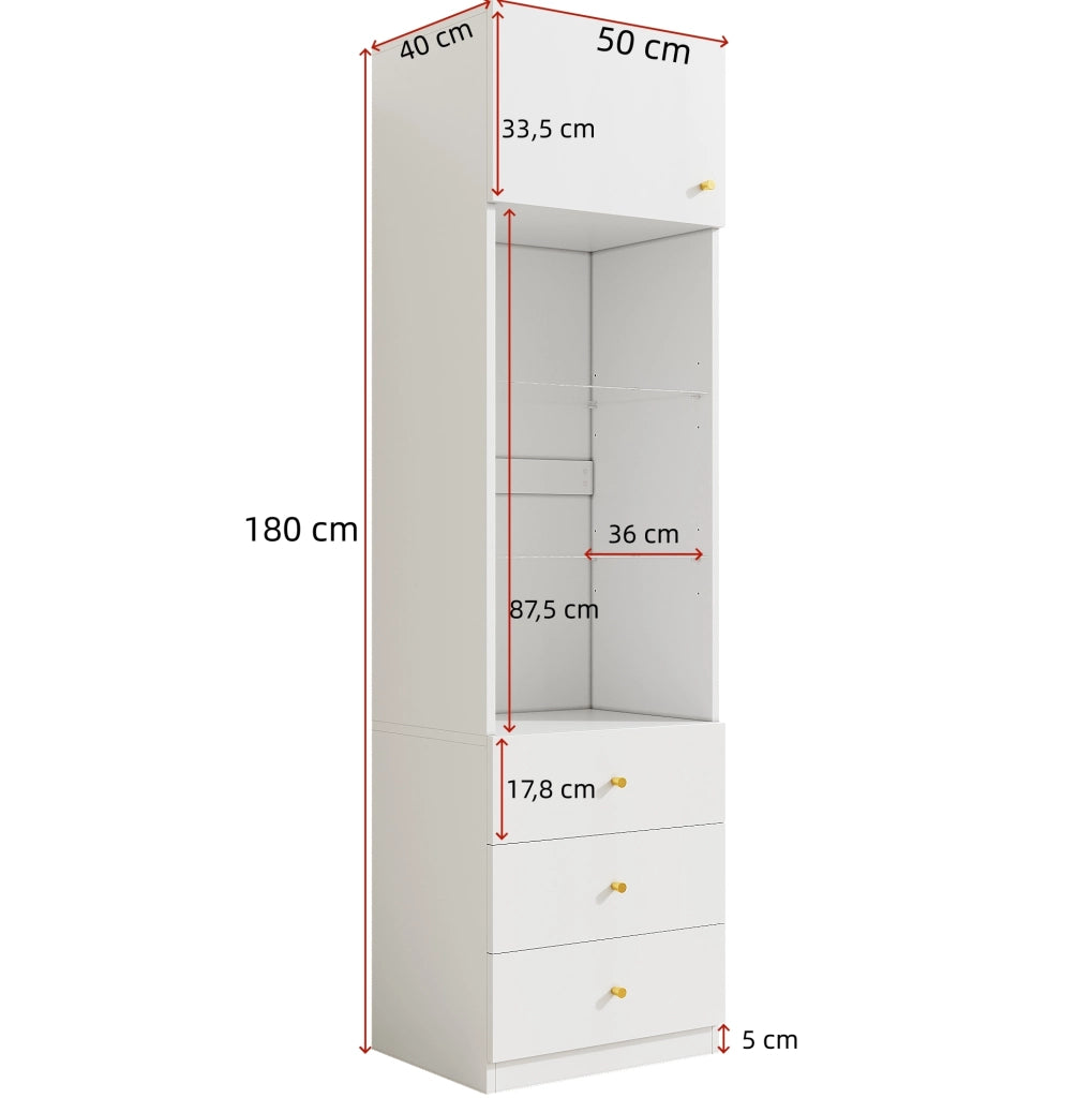 Vetrina alta bianca 50x40x180 cm in MDF e vetro con ripiani regolabili e 3 cassetti