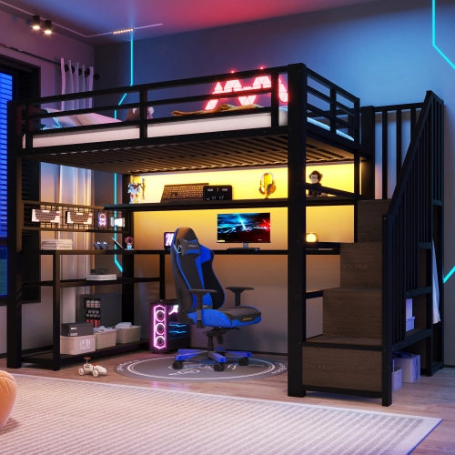 Letto a soppalco con scrivania 90x200 cm LEMONMAX, armadio, LED RGB, vani portaoggetti, metallo e MDF, nero, per cameretta gamer