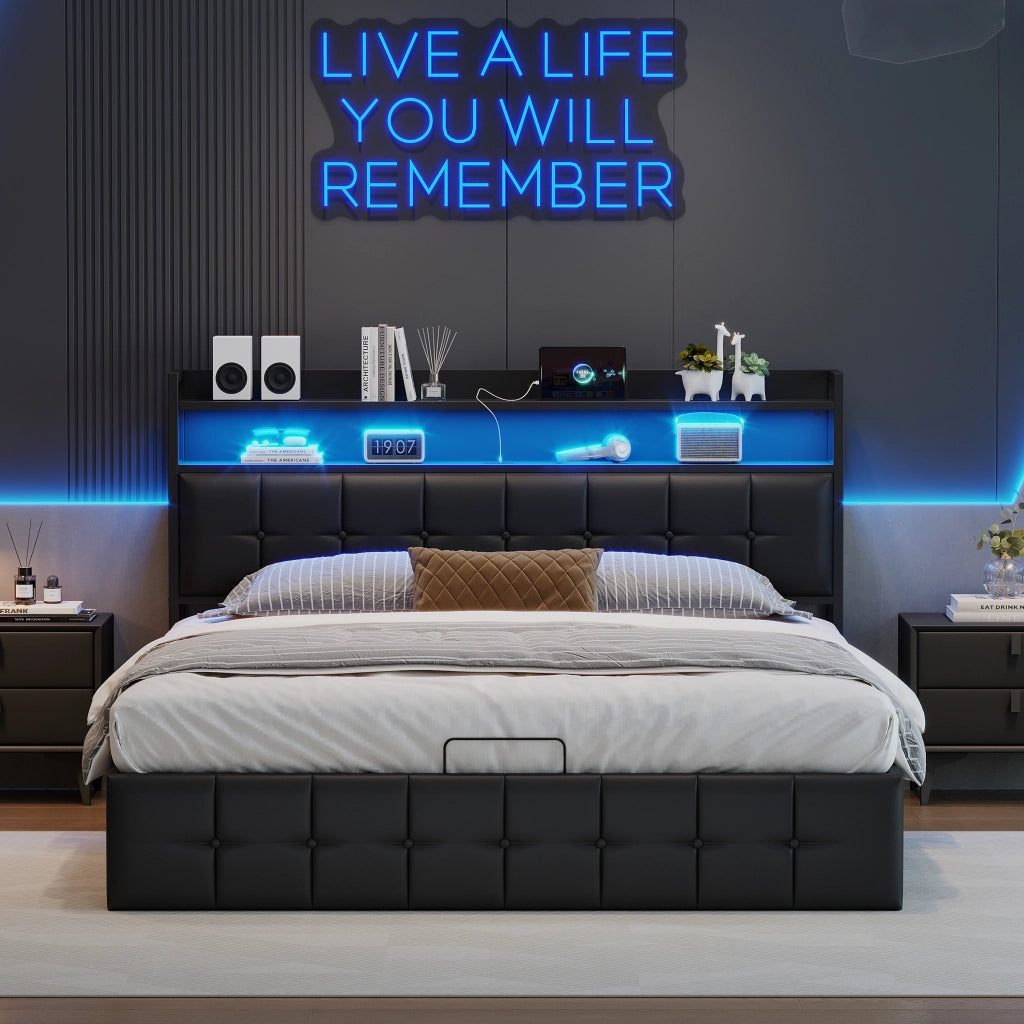 Letto matrimoniale 140x200 cm con contenitore LED USB testiera struttura letto MDF e PU - nero