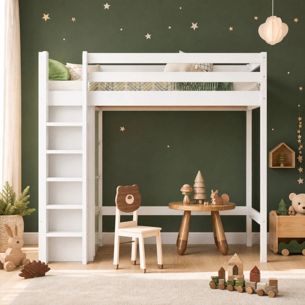 Letto a soppalco per bambini 90x200 cm con armadio e 6 ripiani, bianco