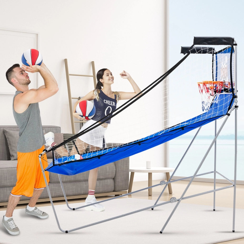 Gioco arcade da basket a doppio tiro per casa, Gioco da basket pieghevole con 8 modalit¨¤ di gioco suono arcade Blu-Giocattoli sportivi