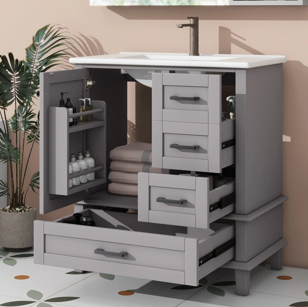 Mobile bagno con lavabo 76x46x83;5 cm con lavabo in ceramica; cassetti silenziosi; legno e MDF; grigio