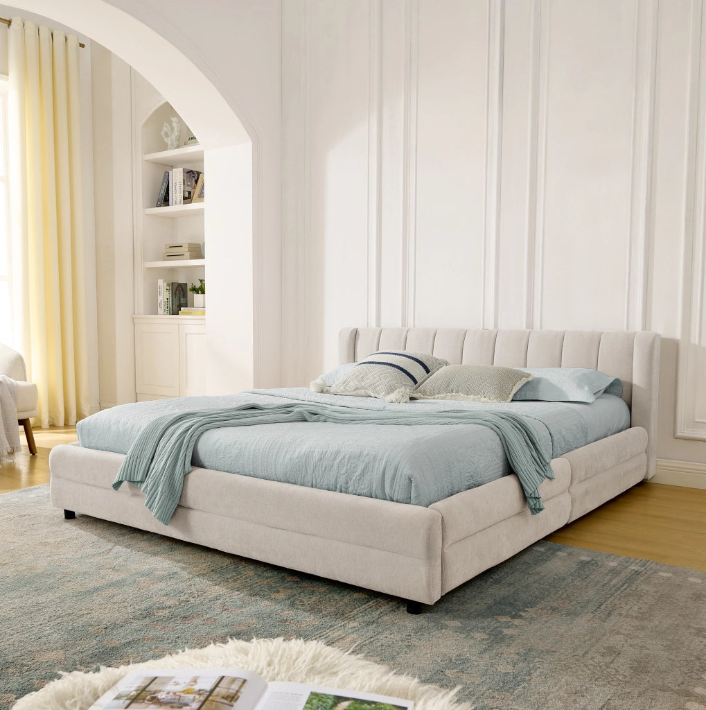 Letto matrimoniale 140x200 cm con 4 cassetti; porta USB; in chenille beige