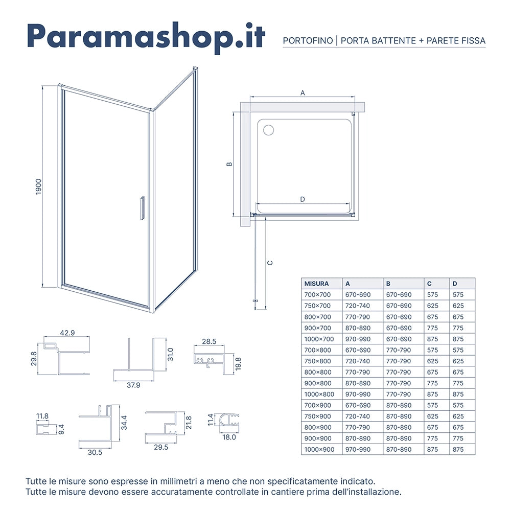Box doccia slim 80x90cm con porta a battente e parete fissa profili nero opaco e vetro 6mm trasparente h190| Portofino
