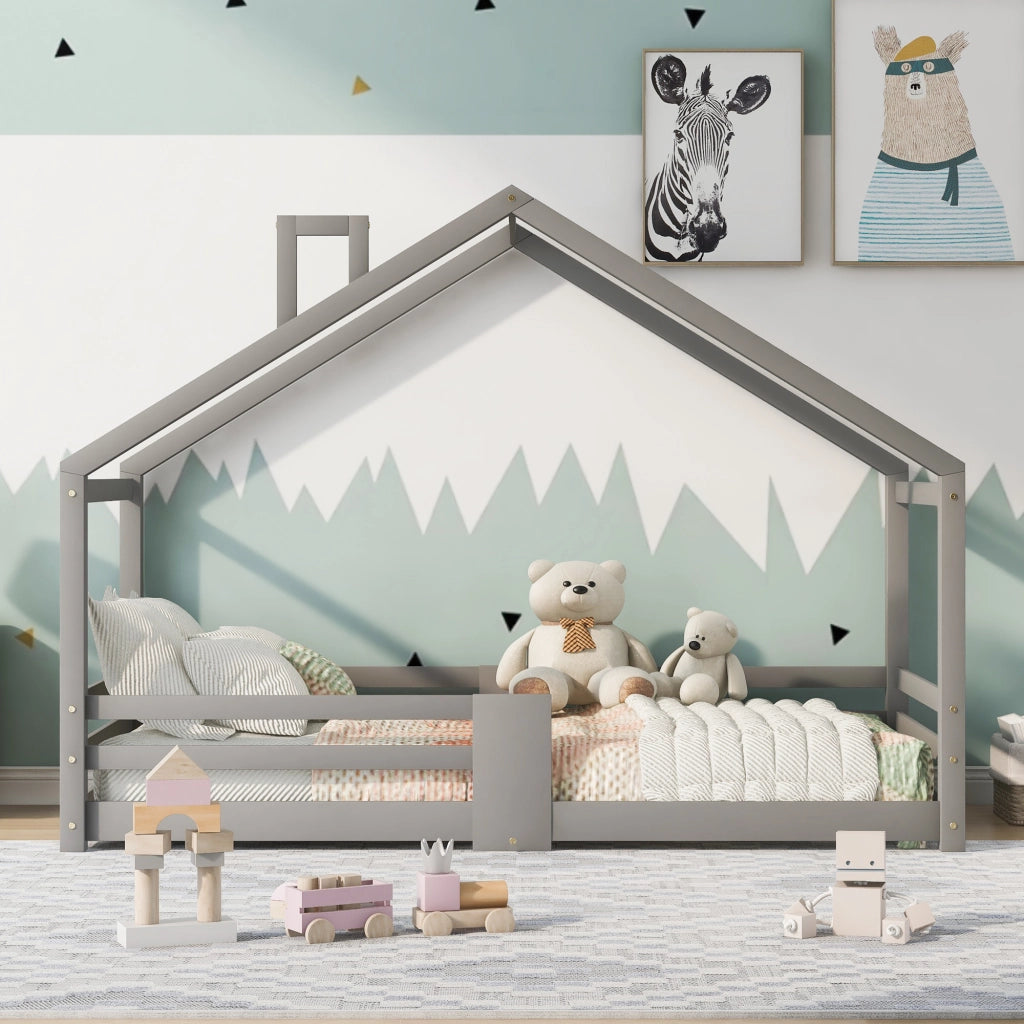 Letto a casetta per bambini con camino, protezione anticaduta, robusta base a doghe, legno di pino, letto a casetta per bambini, 90 x 200 cm senza mat