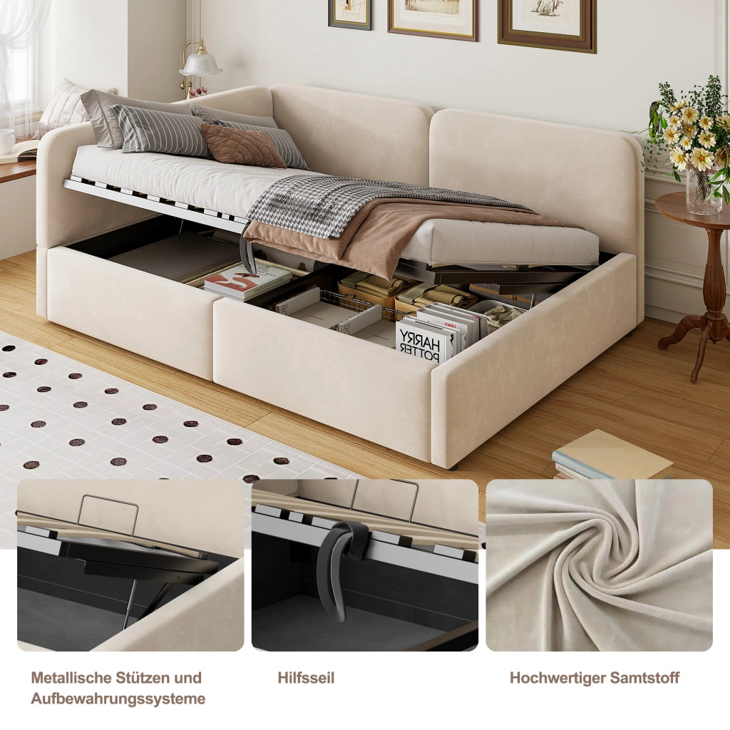 Letto divano contenitore 140 × 200 cm con vano idraulico, testiera reversibile, senza materasso, beige