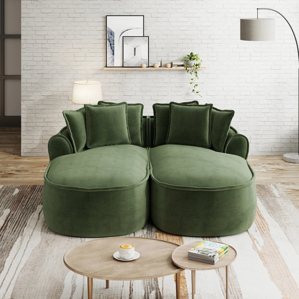 Divano modulare 2 posti con funzione letto e cuscini; per soggiorno; in chenille verde