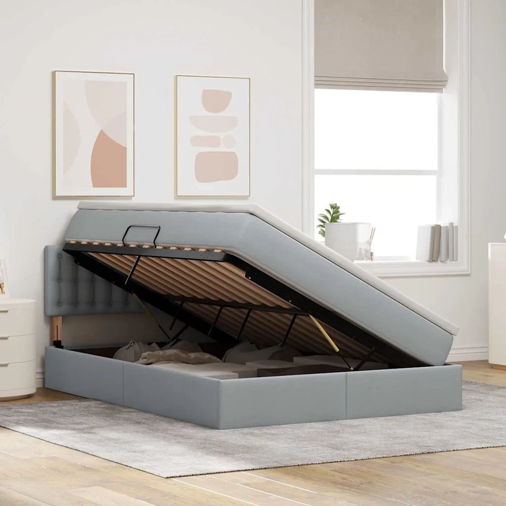 Letto con contenitore e LED Grigio chiaro 140 x 190 cm Tessuto